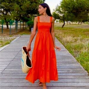 ZARA Dress Tiered Boho Summer Maxi Long Poplin Orange / Red size Medium